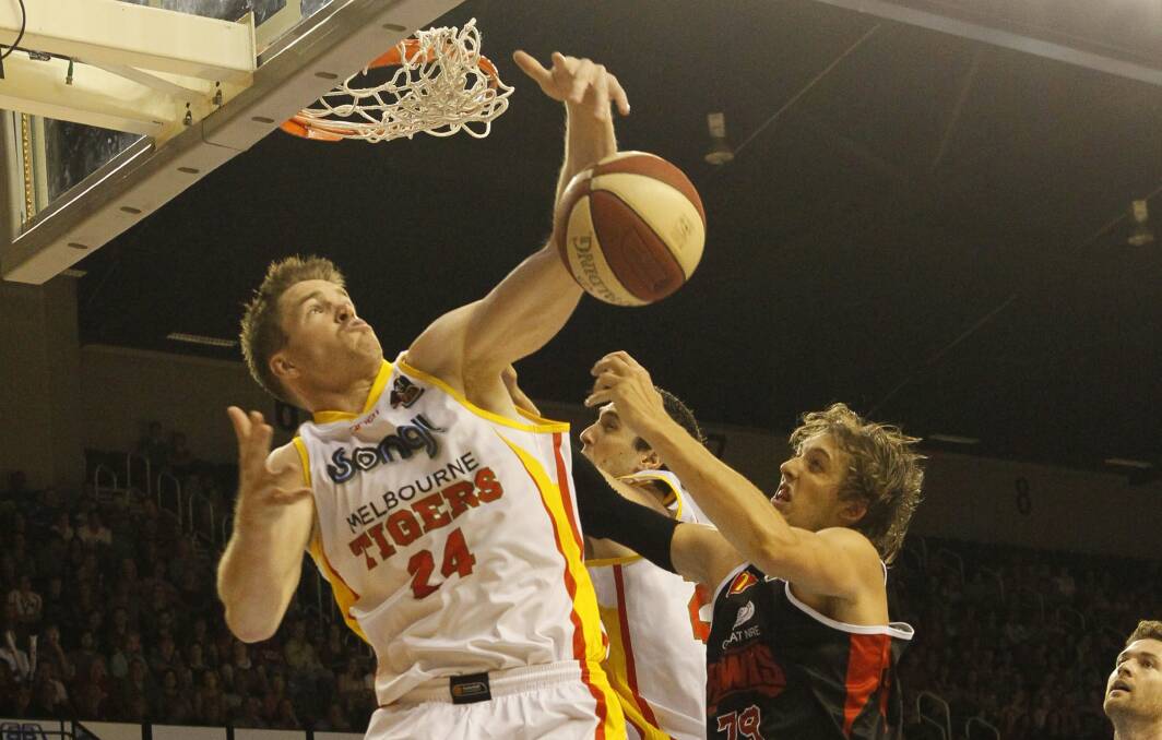 Hawks player Auryn MacMillan contests a rebound with Tigers player Lucas Walker. Pic Dave Tease