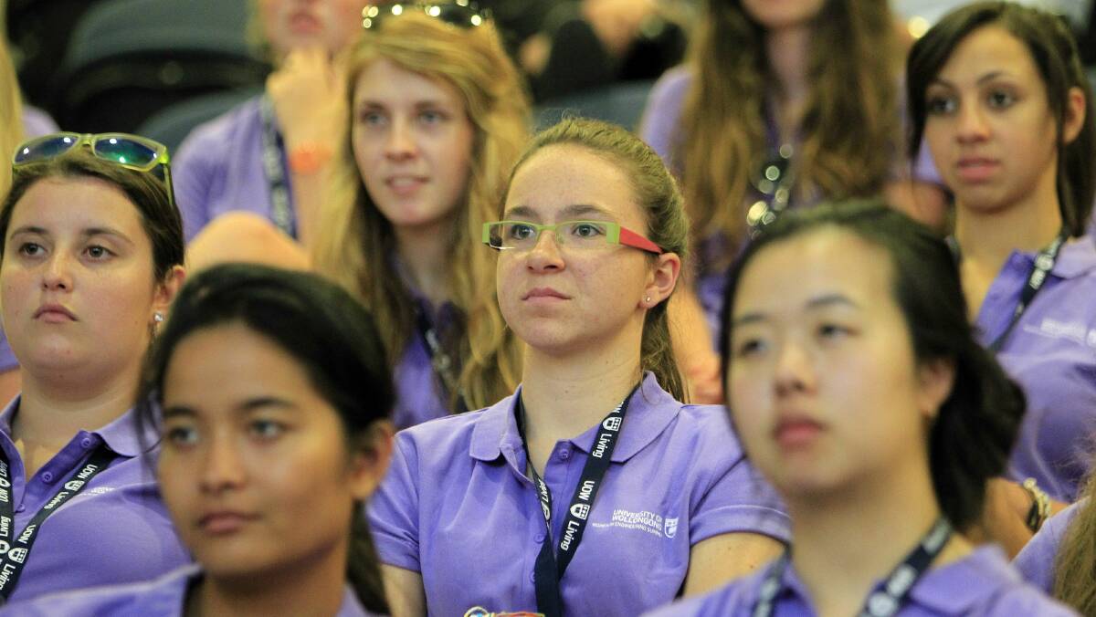 Molly Kirkpatrick of Bomaderry High School with other students during the Women in Engineering Summit launch on Monday. Picture: ANDY ZAKELI