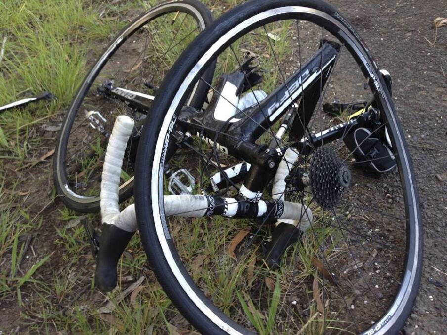 The mangled remains of Brendan Braid’s pushbike on the side of Old Princes Highway. 