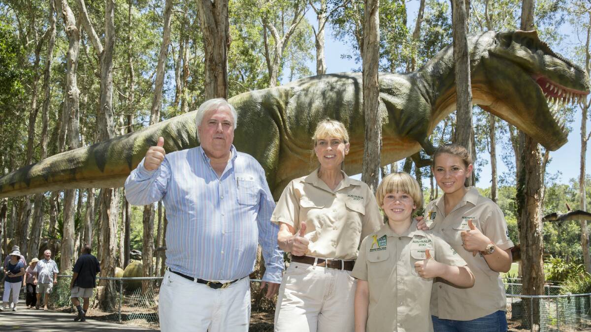 Clive Palmer with the Irwin family - Terri, Robert and Bindi - at his new dinosaur park- Palmersaurus at Coolum. Picture: FAIRFAX