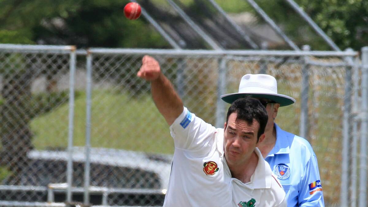 Corrimal's Peter Kilby sends down a delivery against Port Kembla on day one. The Cougars resume at 4-51, chasing Port's first innings of 113. Picture: ORLANDO CHIODO