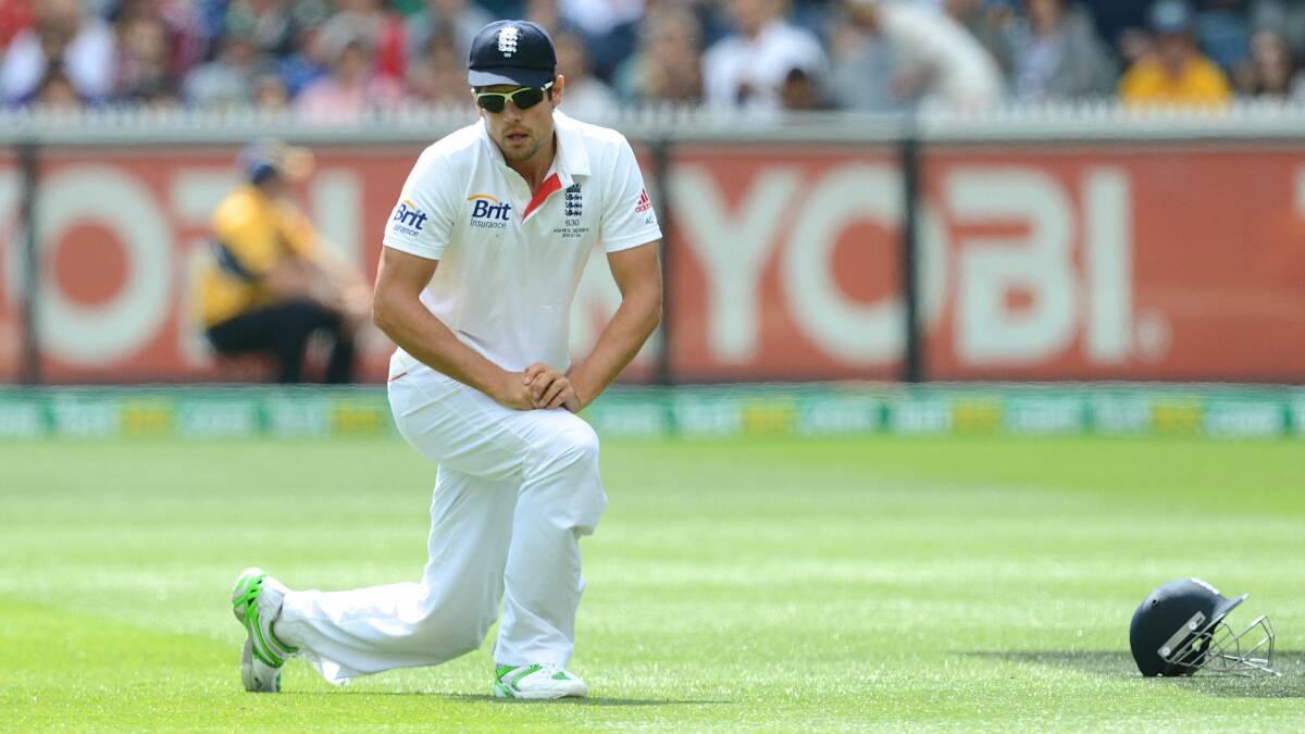 Alastair Cook reacts after dropping a catch at first slip yesterday. Picture: PAT SCALA