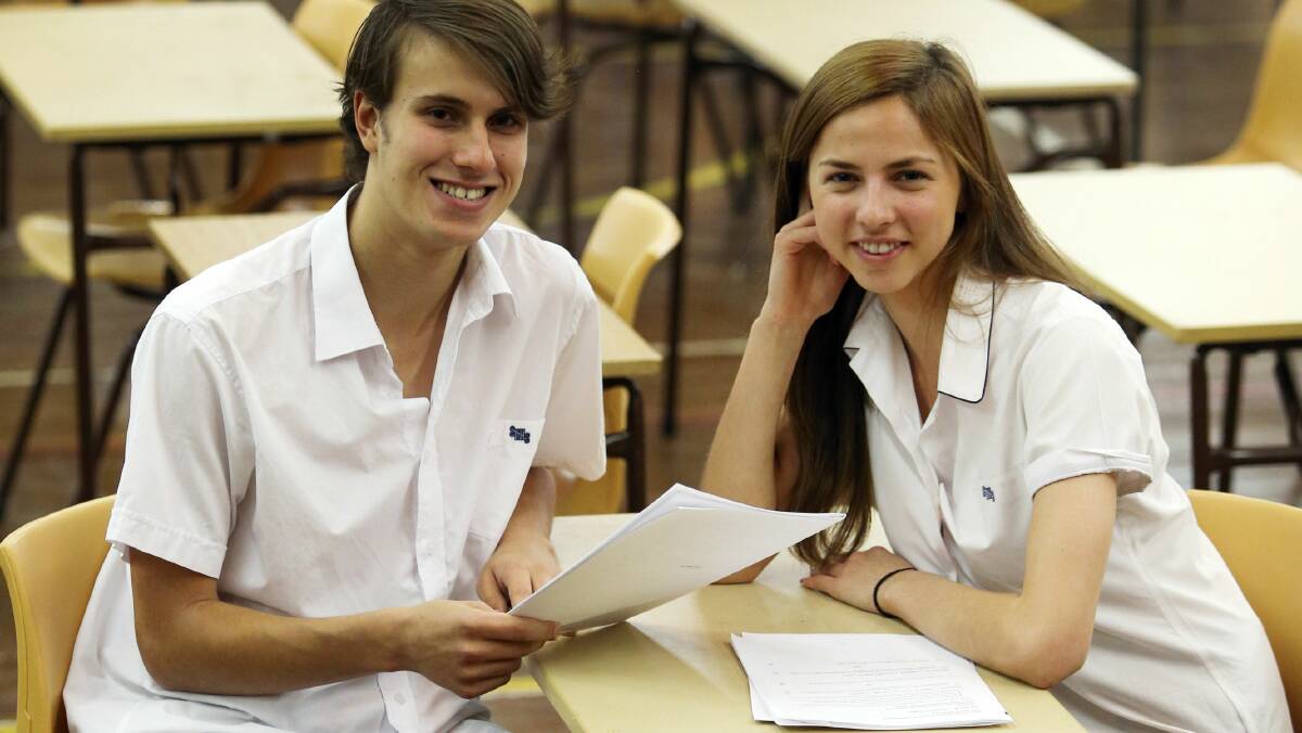 Smith’s Hill High School HSC students Matthew Staraj and Emma Brophy after the Modern History exam. PICTURE: Robert Peet