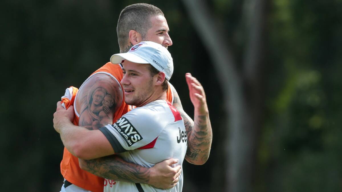 Adam Quinlan (right) and Joel Thompson at Dragons training yesterday. Picture: ADAM McLEAN