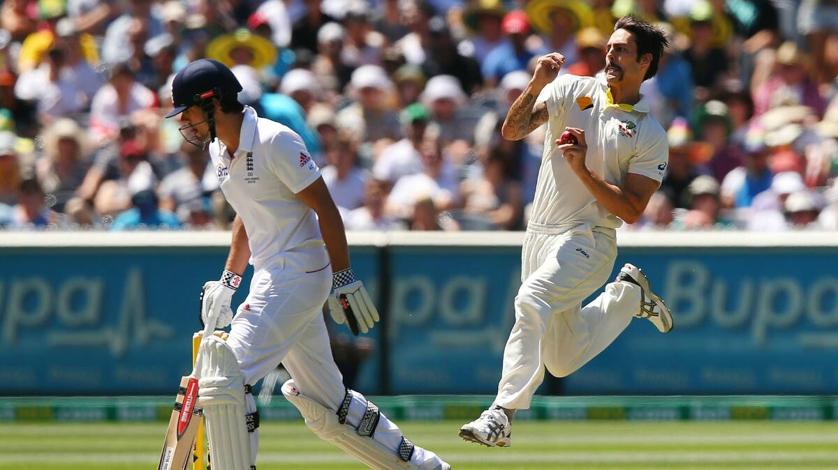 Australian fast bowler Mitchell Johnson in full flight. Picture: GETTY IIMAGES