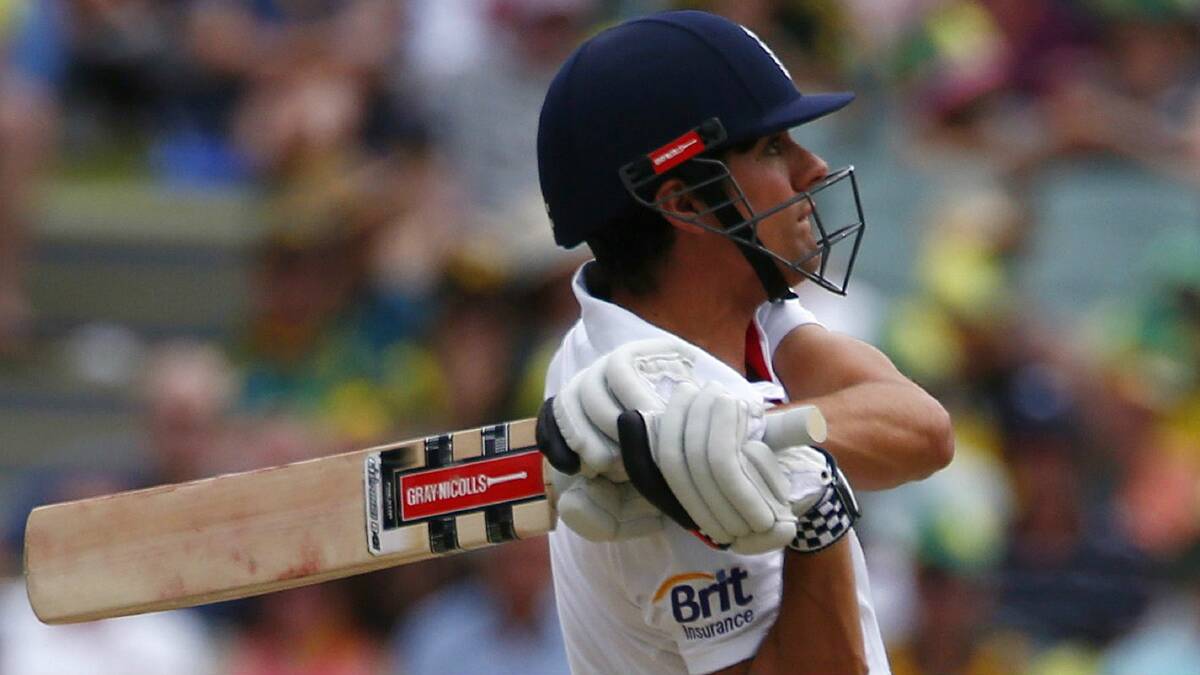 Alastair Cook plays a Mitchell Johnson delivery to the safe hands of Ryan Harris.
