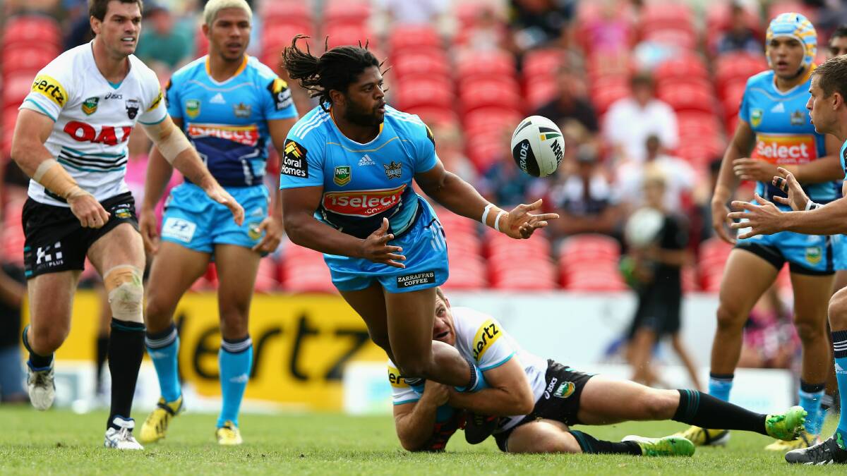 Jamal Idris offloads against the Panthers at Penrith back in March. Picture: GETTY IMAGES