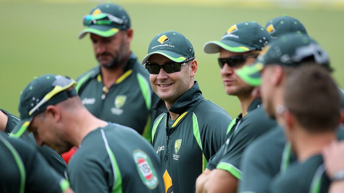 Australia skipper Michael Clarke talks to team-mates during a training session at Centurion Park ahead of the First Test, starting today. Picture: GETTY IMAGES