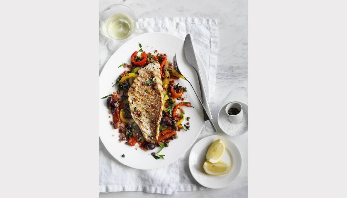 Grilled snapper with roast capsicum and olive salsa.