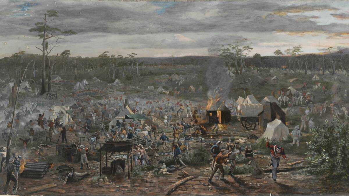 Beryl Ireland's painting The Eureka Stockade depicts the military assault on the rebels. 