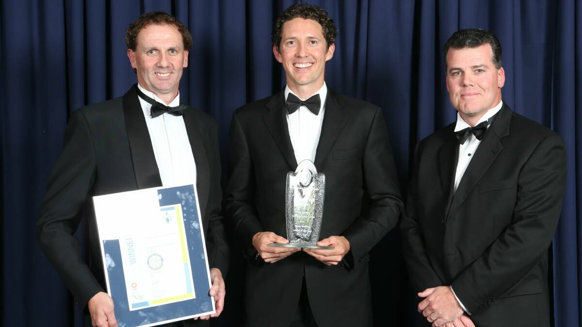 Terry Widdicombe (left) with Young Business Leader  of the Year Peter Buckley from Thomas & Coffey, and Michael Brannon, of IMB, at last year’s Illawarra Business Awards.