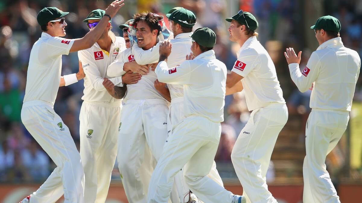  Mitchell Johnson celebrates after catching Alviro Petersen on Saturday. Picture: GETTY IMAGES