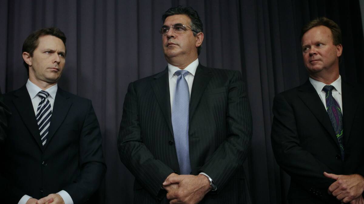  Justice Minister Jason Clare, AFL chief Andrew Demetriou and ARU's Bill Pulver yesterday. Picture: ALEX ELLINGHAUSEN