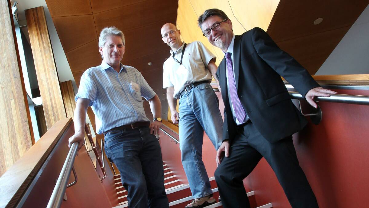Professors Dermot Diamond, Dirk Guldi of University Erlangen-Nurnberg, Germany, and Gordon Wallace at the Innovation Campus.   Picture: KEN ROBERTSON