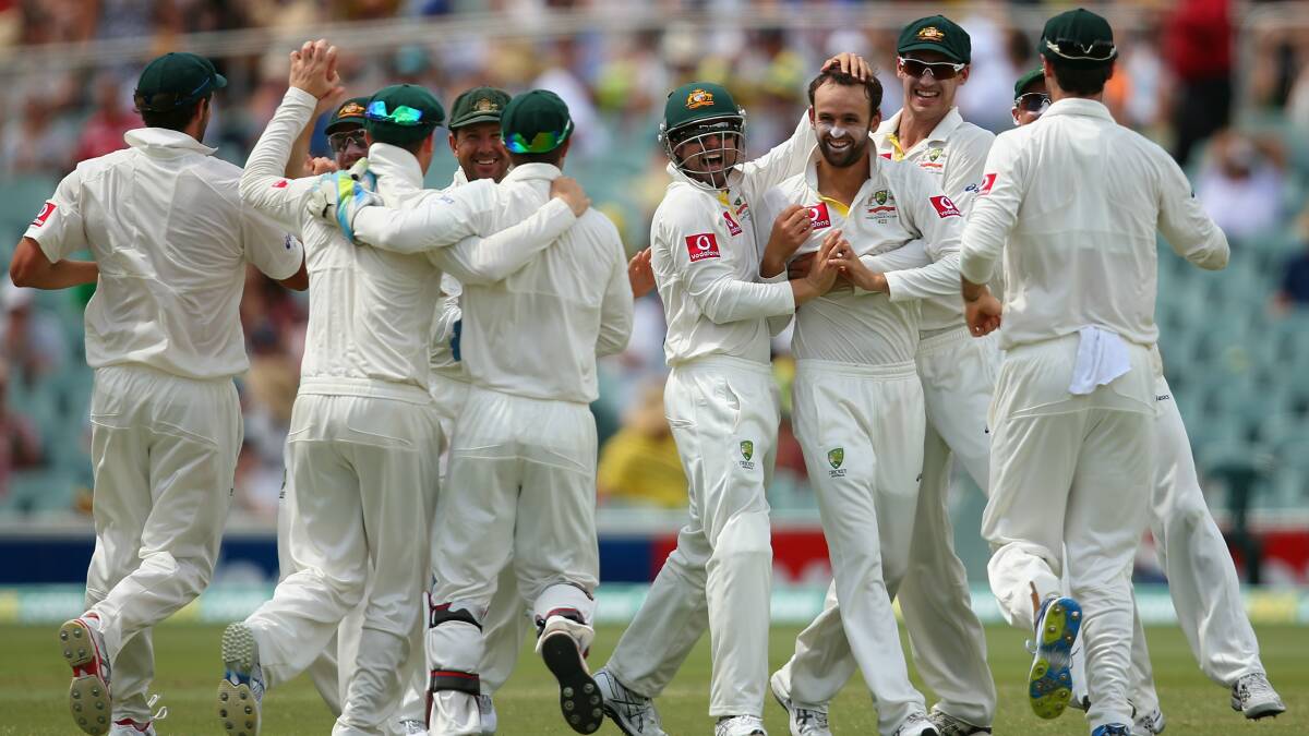 Nathan Lyon celebrates a wicket with the Australian team. Picture: GETTY IMAGES