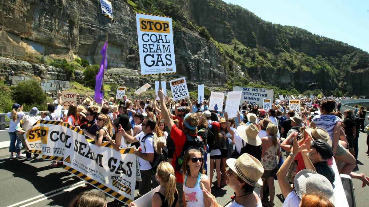 An anti-CSG protest was held on Sea Cliff Bridge in late 2011. 