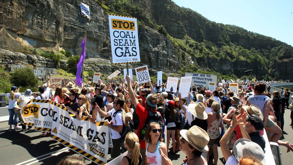 A demonstration against coal seam gas on Sea Cliff Bridge last year. 