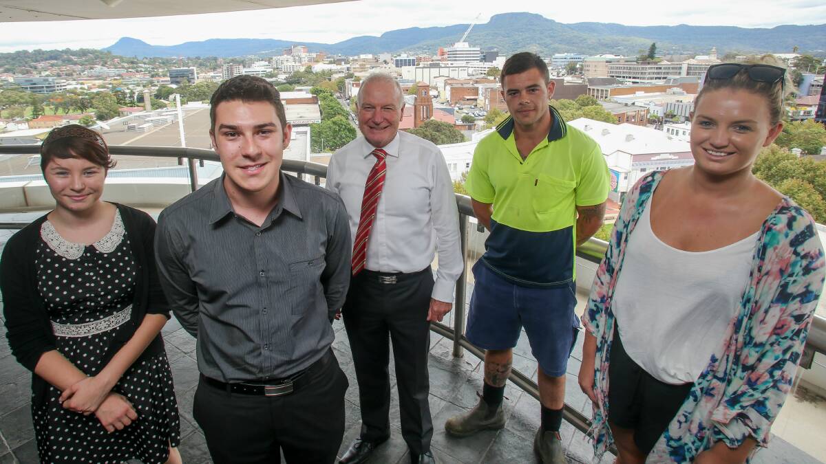 New Wollongong City Council cadets, trainees and apprentices, left to right, Chloe Rayment, Joel Di Fonzo, Daniel Venters and Maddy Green with Lord Mayor Gordon Bradbery. Picture: ADAM McLEAN
