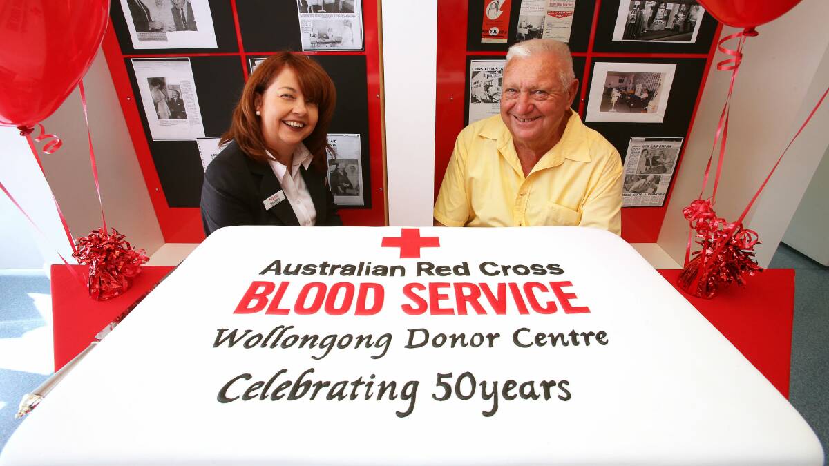 Wollongong Blood Donor Centre manager Lyn Lindley with Richard Brooke, who has been a blood donor for 50 years. Picture: KIRK GILMOUR 