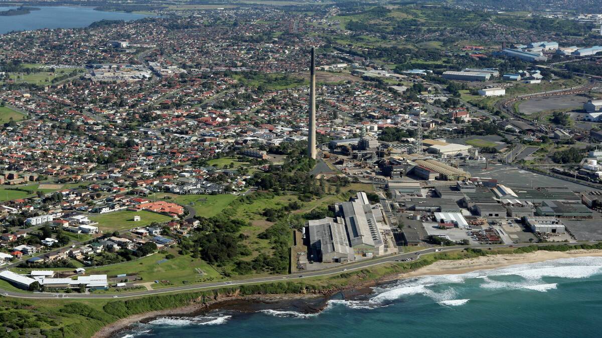 An aerial view of the Port Kembla smoke stack. 