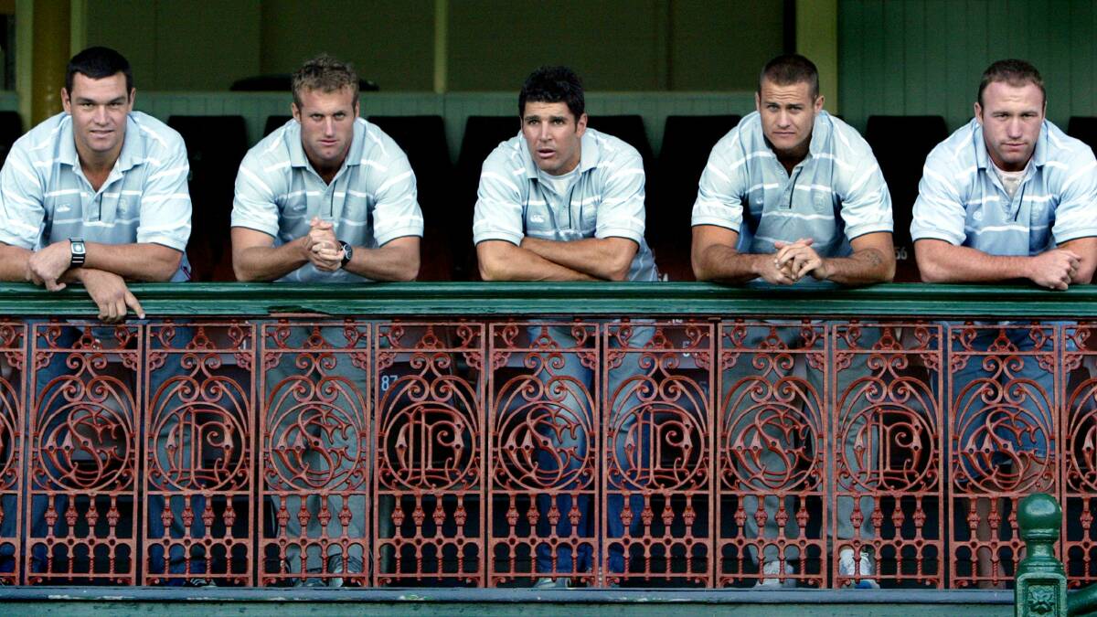Matt Cooper (second from right) with Dragons teammates Jason Ryles, Mark Gasnier, Trent Barrett and Luke Bailey, posing for the State of Origin team photo in 2005. Picture: Orlando Chiodo 