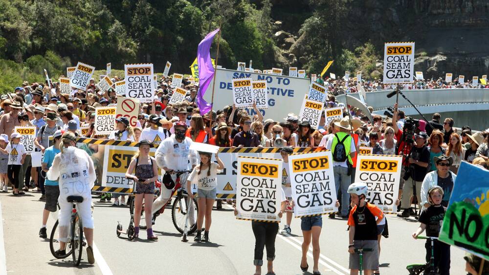 A protest against coal seam gas mining on Sea Cliff Bridge last year. 