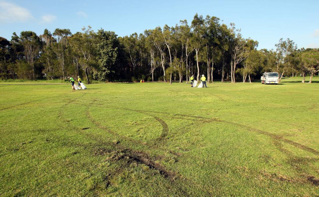 Tyre marks show the damage to Stuart Park caused by cars overnight. Picture: Kirk Gilmour
