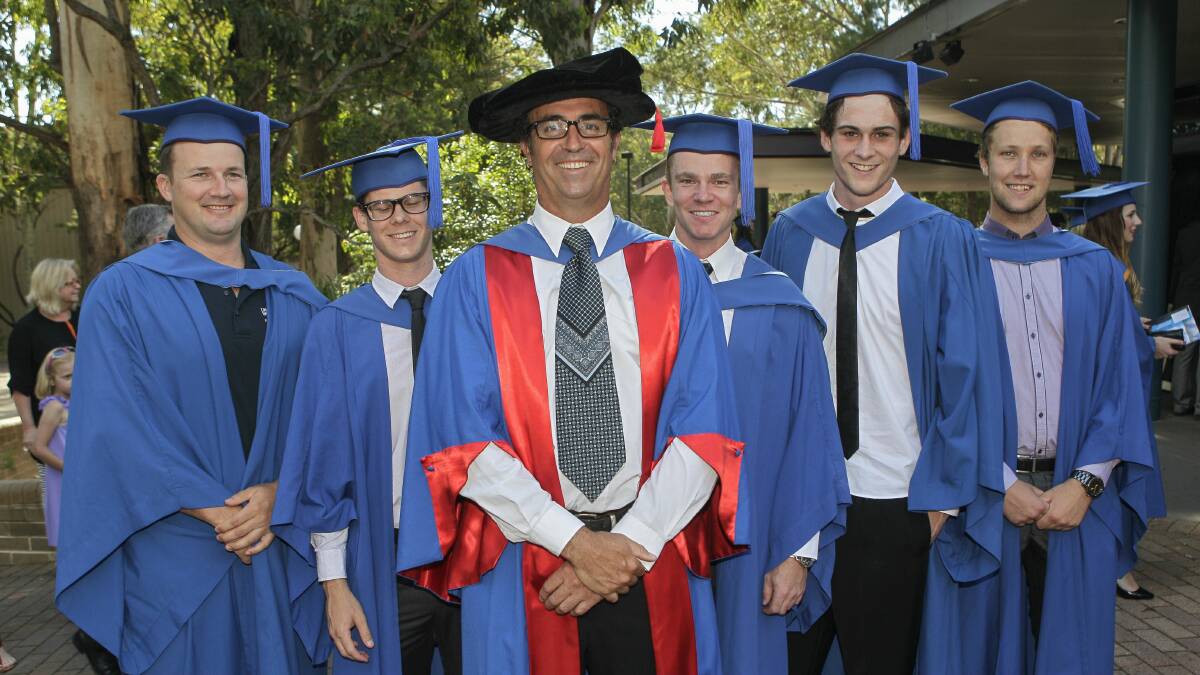 UOW physical and health education graduates Tristan Dal Forno (left), James Richmond, Chris Wenzel, Andrew Barned and Oliver Walker with their lecturer and fellow student Greg Forrest (centre). Picture: CHRISTOPHER CHAN