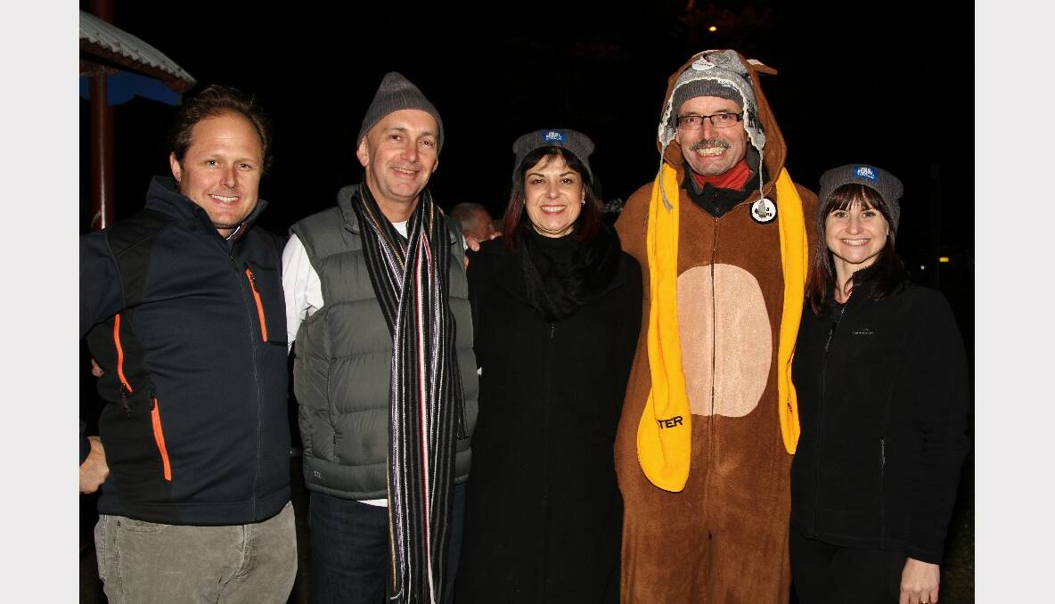 Samuel Edwards (left), Kevin Ayres, Nieves Murray, Walter Immoos and Deborah De Santis at the Vinnies CEO Sleepout. Pictures: GREG ELLIS