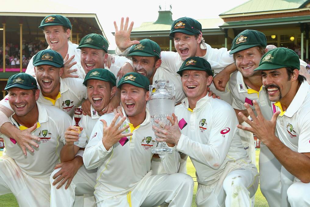 The Australian team poses after winning the Ashes series 5-0 during day three of the Fifth Test against England. Picture: GETTY IMAGES