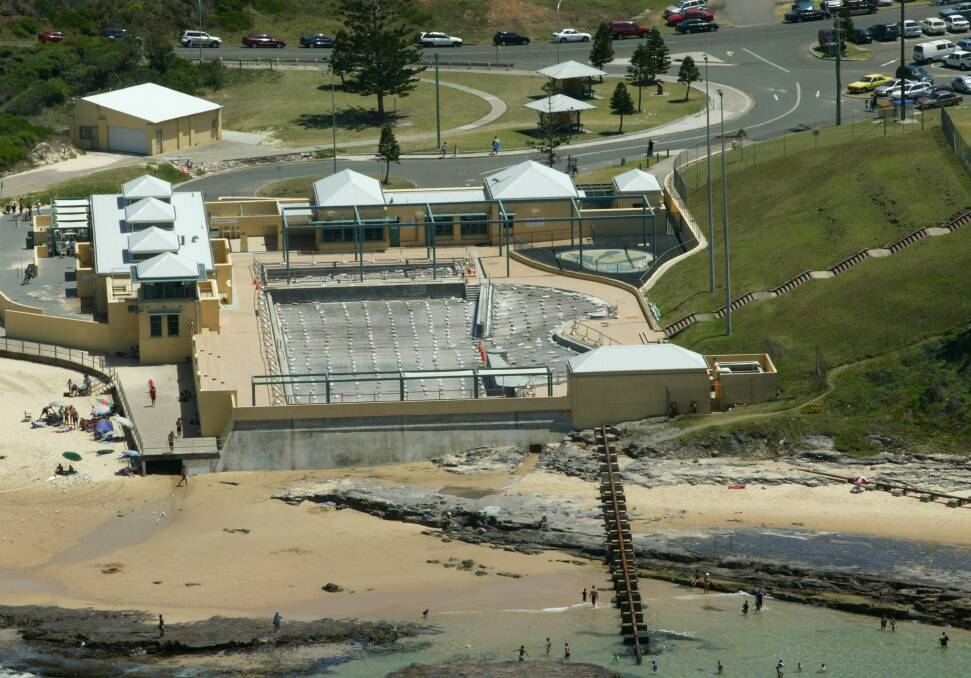 An aerial shot of the stripped-back surface of Port Kembla pool as it undergoes repairs.