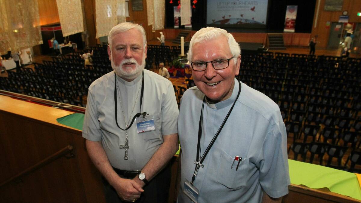 The Pope's Ambassador to Australia, Archbishop Paul Gallagher, and Wollongong's Bishop Peter Ingham. Picture: GREG TOTMAN