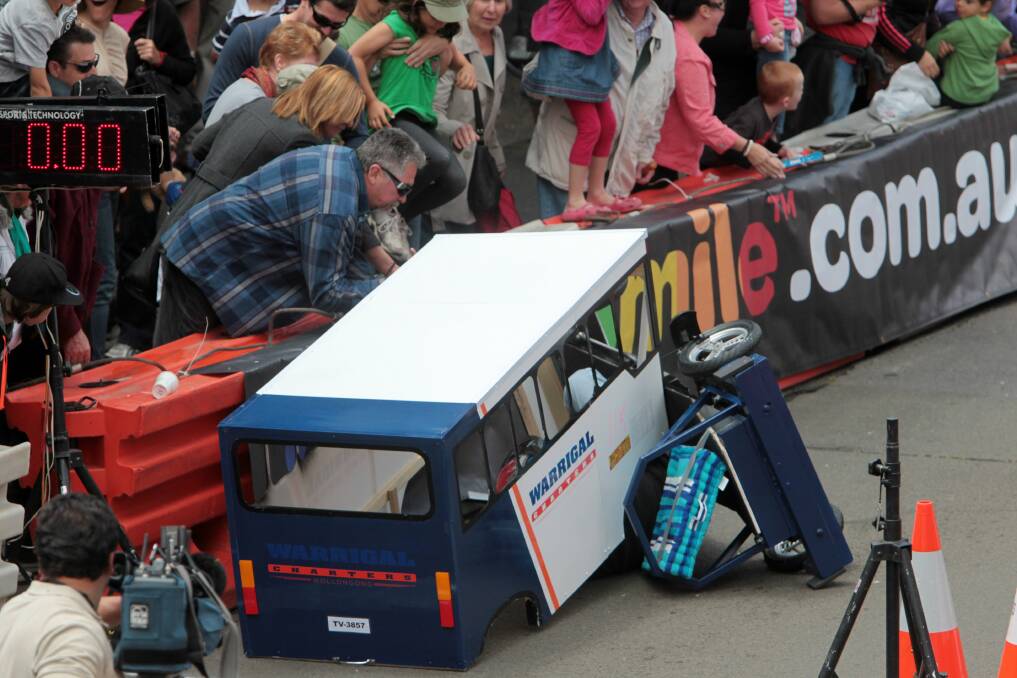 A billycart crashes at the Port Kembla derby in November. Picture: GREG TOTMAN