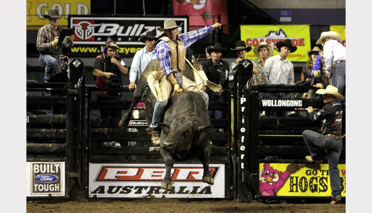 Fraser Babbington in the Professional Bull Riding competition at the WEC. Picture: SYLVIA LIBER 