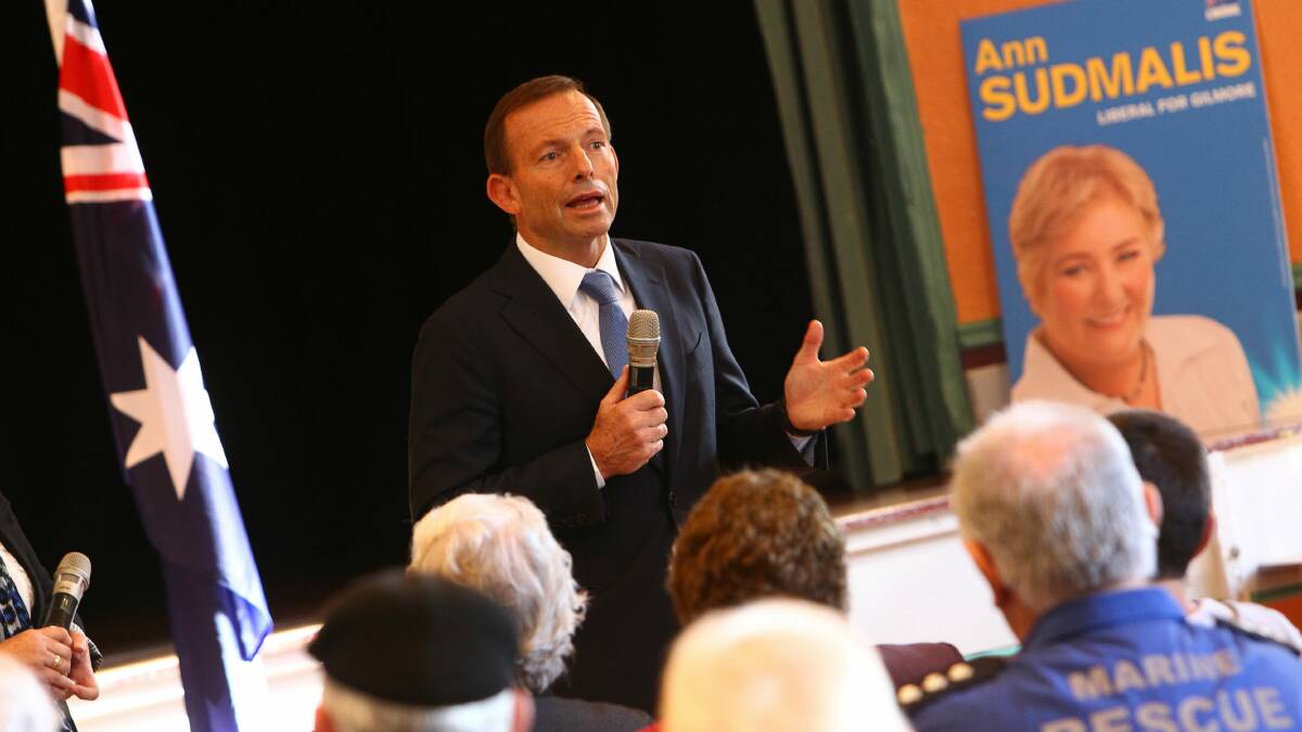 Tony Abbott speaks at the Nowra School of Arts invite-only public forum. Pictures: KEN ROBERTSON 