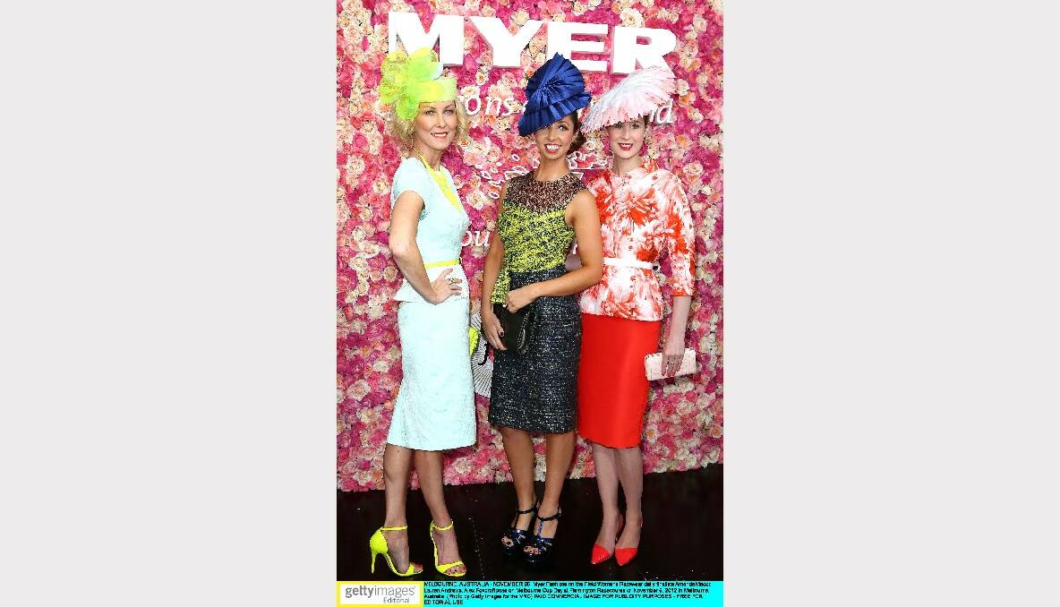 Fashions on the Field finalists Amanda Macor, Lauren Andrews and Alex Foxcroft. Picture: GETTY IMAGES