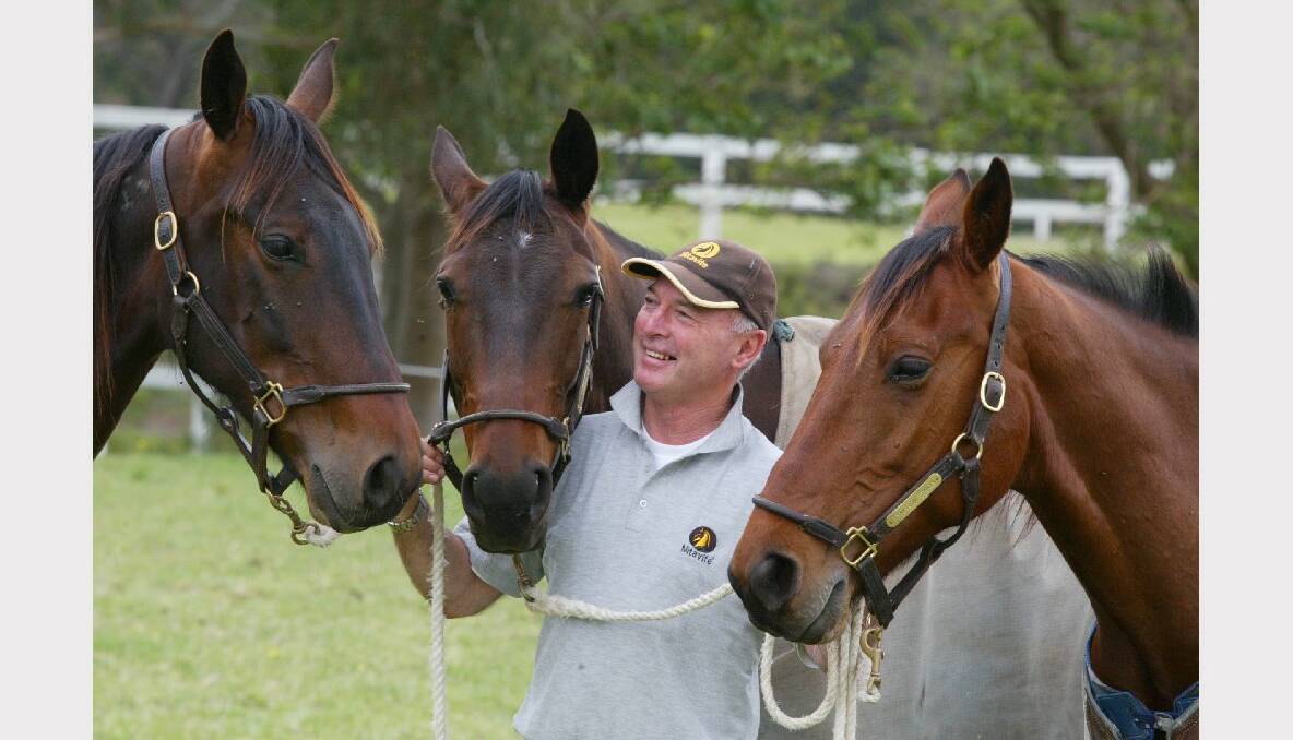 Trainer Brian Hancock with his Kilmore assault team - Country Ways, Selby Bromac and Blue Galleon.