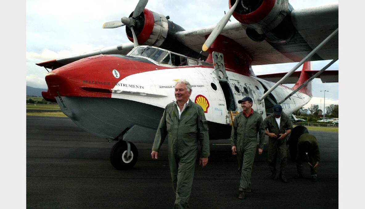 The World War II Catalina Flying Boat arrives at Illawarra Regional Airport.