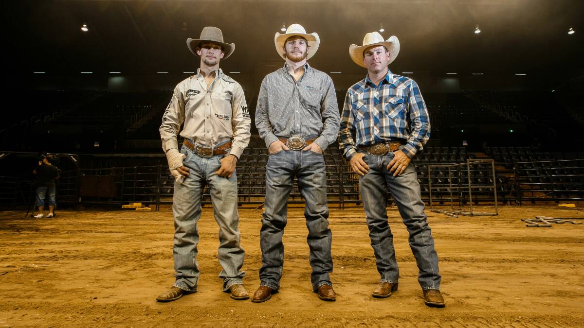 Bull riders Ty Pozzobon, Harve Strewart and Brendon Clark at the WEC. Picture: CHRISTOPHER CHAN