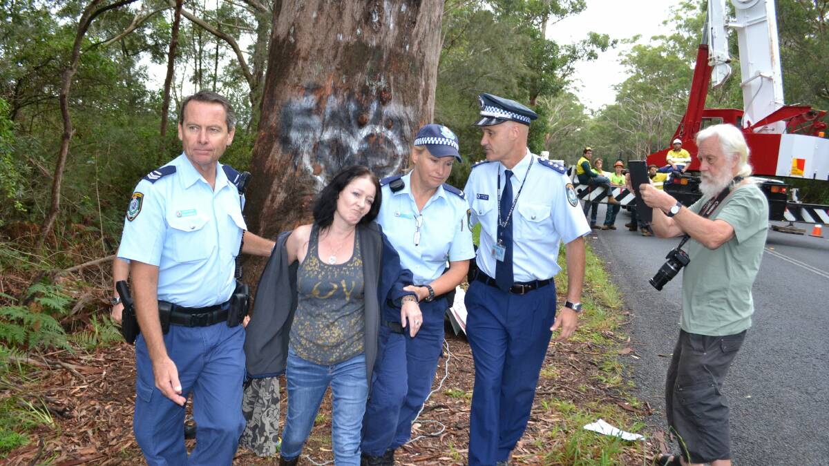 Protesters out in force as the Bum Tree is destroyed on Gerroa Road. Picture: ROBERT CRAWFORD