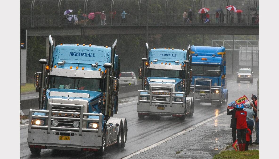 Trucks on Mount Ousley Rd for the 2013 i98FM Camp Quality Convoy for Kids. Picture: ADAM McLEAN