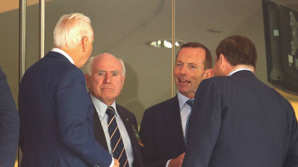 Prime Minister Tony Abbott and former prime minister John Howard at the SCG for day one of the fifth Ashes test. Photo: Getty Images