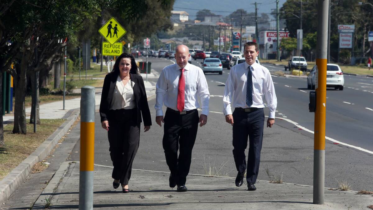 Shellharbour MP Anna Watson, state Opposition Leader John Robertson and Keira MP Ryan Park. Picture: ROBERT PEET