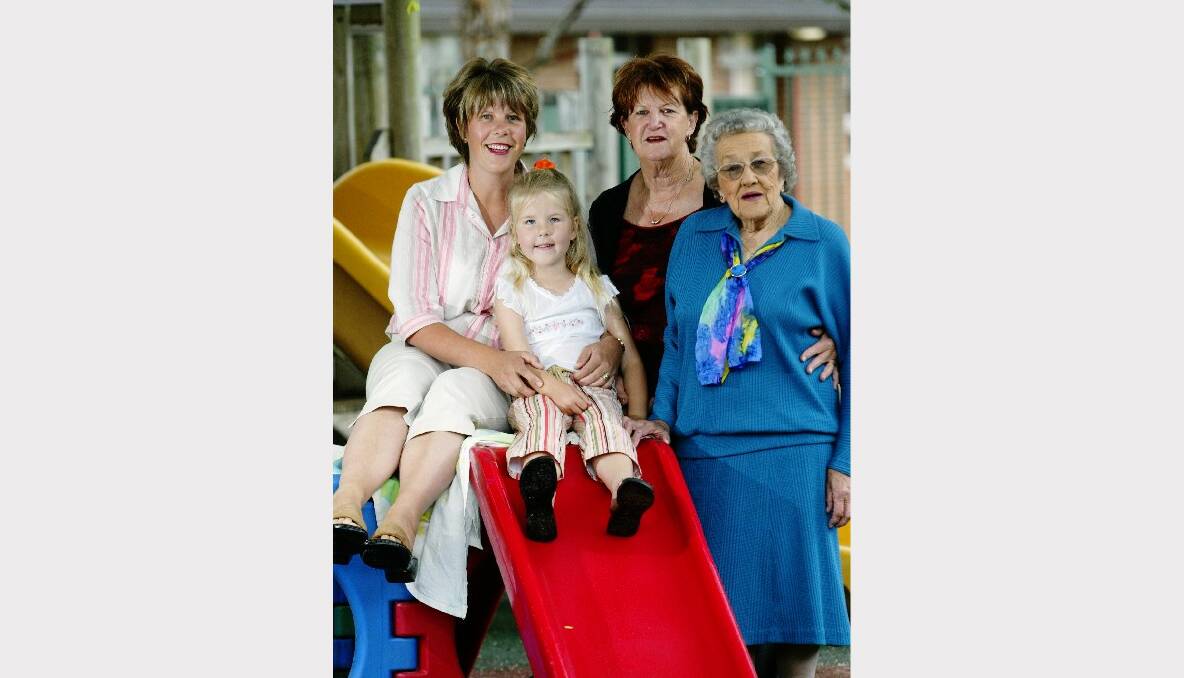 Margaret Howard, her daughter Lisa Cook, grand-daughter Montana, 4, and former teacher Merle Wilder join the 50th anniversary celebrations at St Luke's Preschool Dapto.