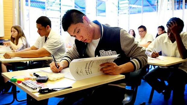 Aengus Tran sits the HSC English exam at Blackwattle Bay in Glebe yesterday. Picture: Edwina Pickles
