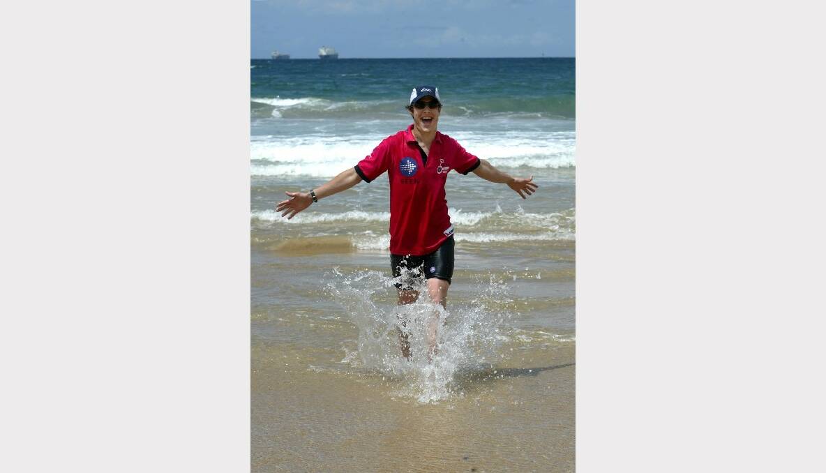 Actor Samuel Johnson has a swim at North Wollongong Beach during a break in his 1000km unicycle ride for CanTeen.