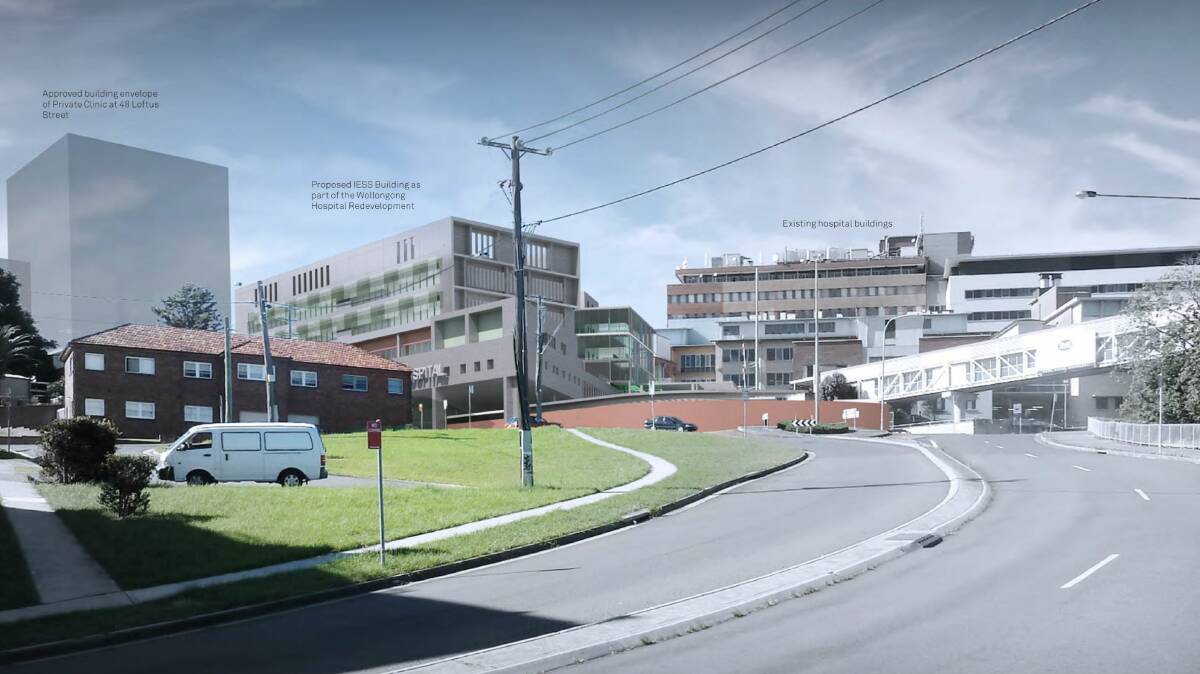 The proposed Wollongong Hospital redevelopment, viewed from New Dapto Road, north of Loftus Street.