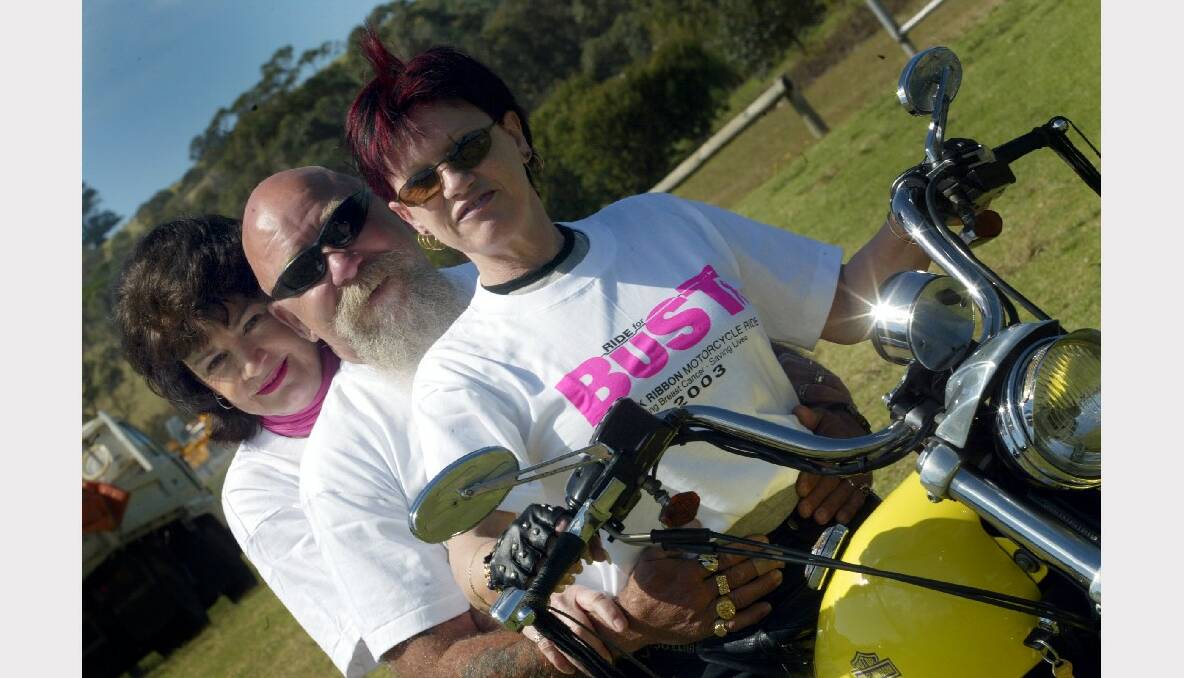 Mariann Adams (left) with Lance and Darelle Williams of the South Coast American Motorcycle Club ready to roll in the third annual Pink Ribbon Ride for breast cancer.