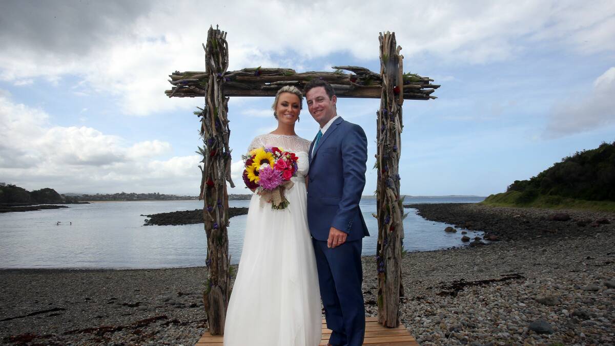 Chris O’Hara wed Julia Chalmers yesterday at the Boneyard in Kiama. Picture: ROBERT PEET