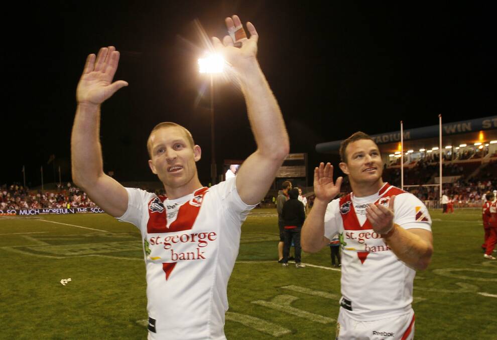 Dragons Ben Hornby and Dean Young after their final home game in August. Picture: DAVE TEASE